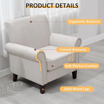 PrimeZone Comfy Accent Chair Set of 2, Mid-Century Modern Fabric Living Room Chair Reading Chair with Soft Cushion, Nailhead Trim & Rolled Armrest, Arm Chair Sofa Chair for Bedroom Waiting Room,Beige