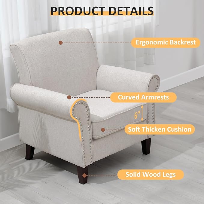 PrimeZone Comfy Accent Chair, Mid-Century Modern Fabric Living Room Chair Reading Chair with Soft Cushion, Nailhead Trim & Rolled Armrest, Arm Chair Sofa Chairs for Bedroom Waiting Room Office, Beige