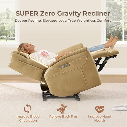 CHITA Super Zero Gravity Power Recliner Chair for Adults, Electric Faux Leather Recliner with USB & Type-C Charging Ports for Living Room, Bedroom & Home Theater Relaxation, Tan