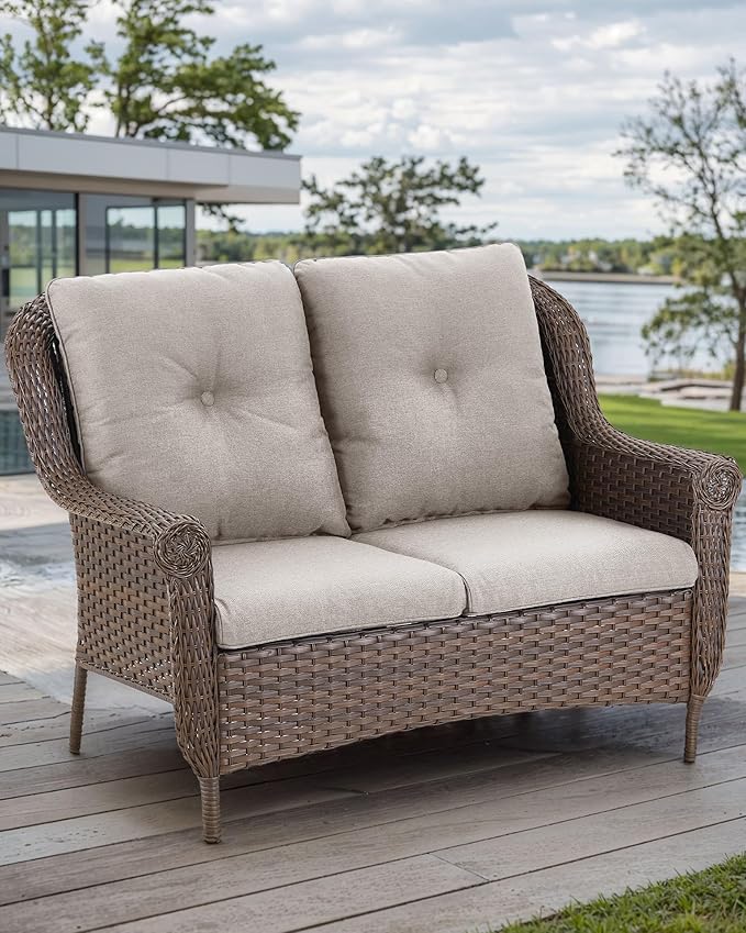 Patio Loveseat Outdoor Wicker Sofa - Heavy Duty All-Weather Brown Rattan 2-Person Sofas with High Back and Comfortable Thick Cushions for Garden Back Porch Poolside Apartment - Beige