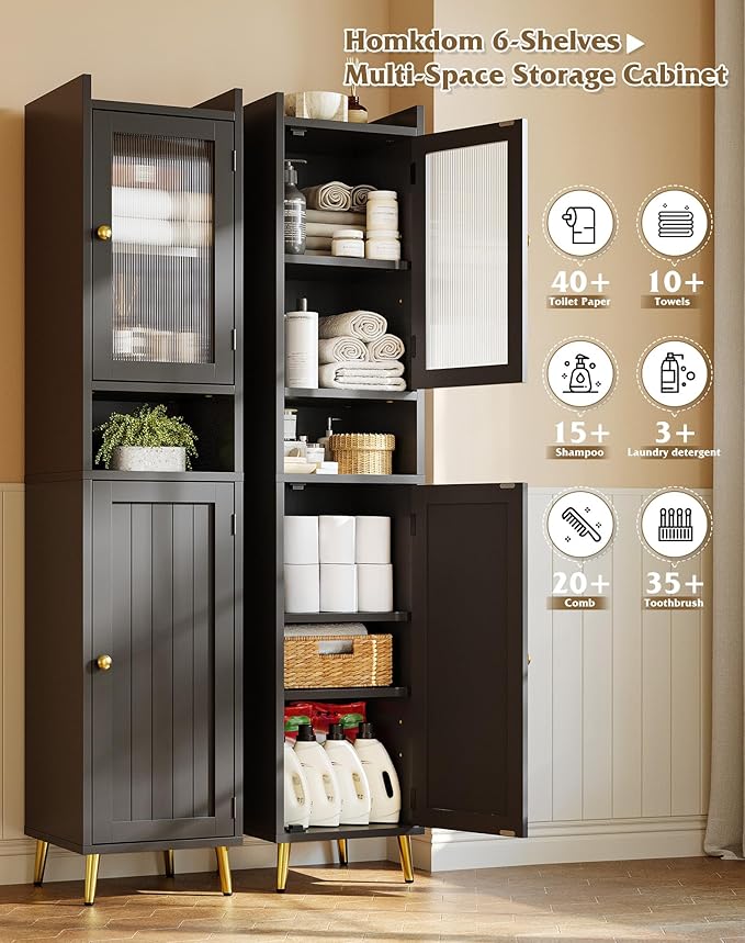 Bathroom Storage Cabinet, Slim Bathroom Storage Cabinet with 6 Shelves & 2 Doors, Linen Cabinet for Bathroom, Kitchen, Laundry Room, Black