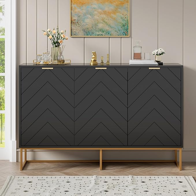 Scurrty Sideboard Cabinet with 3 Doors Buffet Cabinet with Adjustable Shelf, Storage Buffet with 3 Doors (Black)
