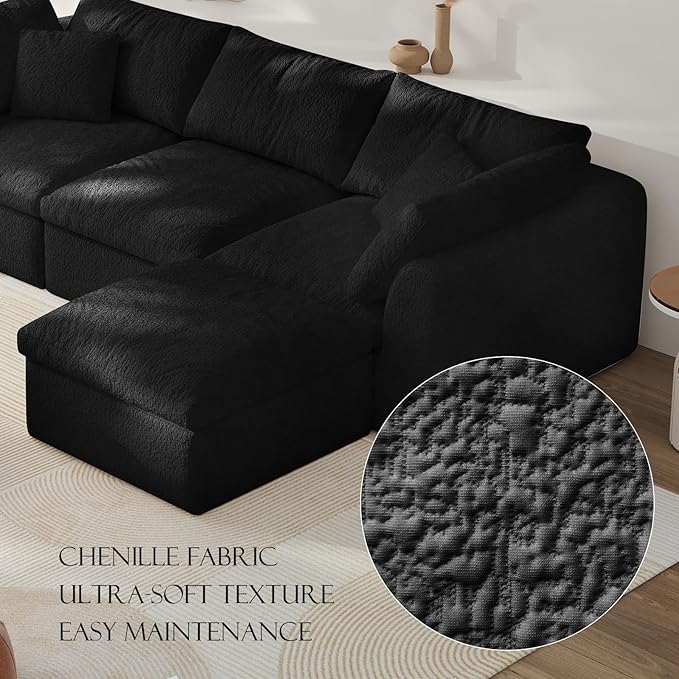 108" Boneless Cloud Couch Modular Sectional Sofa with Deep Seat for Living Room, L Shape Couch with Ottoman, Snowflake Cloth and 40D Memory Sponge，2 Throw Pillows (Black, 3 Seater+1 Ottoman)