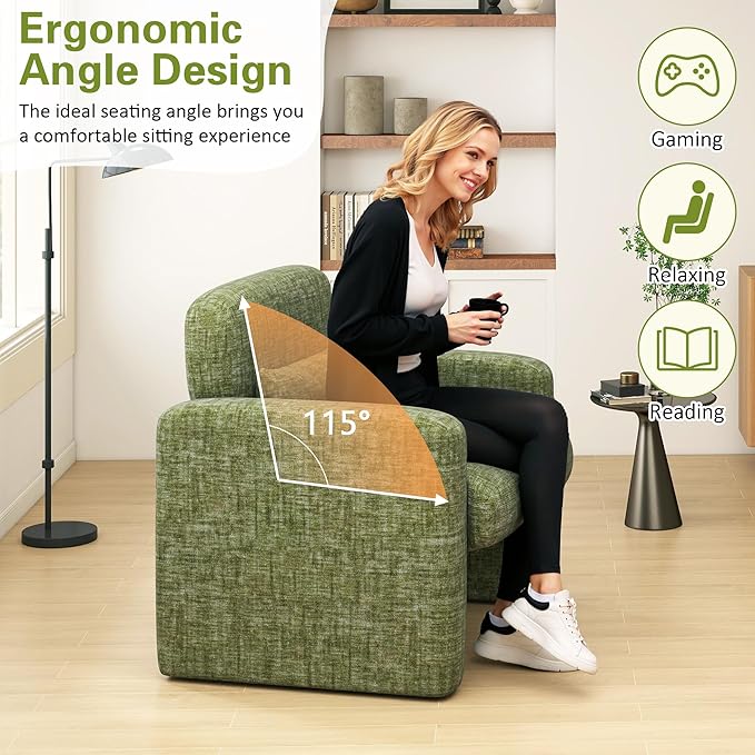 LSSPAID Modern Accent Chairs, Chenille Fabric Armchairs for Living Room, Comfy Upholstered Leisure Single Sofa Chair with Lumbar Pillow for Bedroom, Balcony, Office (Green, Set of 1)