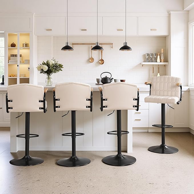 VECELO Bar Stools Set of 2, Adjustable Upholstered Swivel Barstools, Modern Counter Height Bar Stools with Back and Footrest, Island Chairs for Kitchen, Dining Room, Bar
