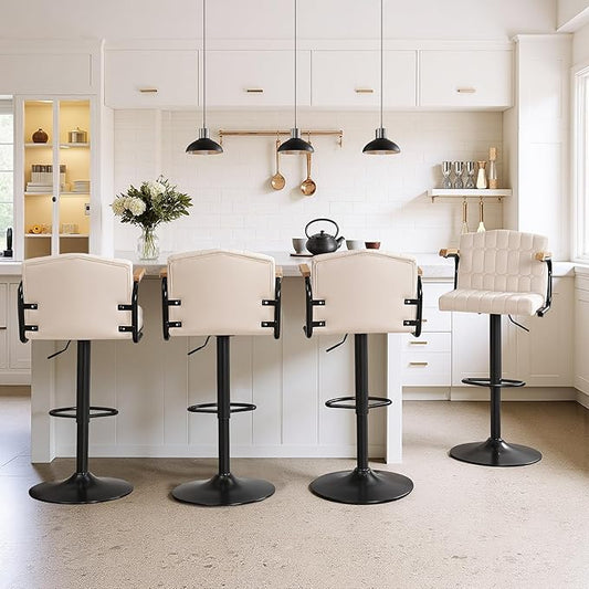 VECELO Bar Stools Set of 4, Adjustable Upholstered Swivel Barstools, Modern Counter Height Bar Stools with Back and Footrest, Island Chairs for Kitchen, Dining Room, Bar