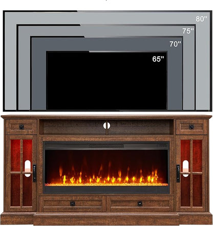 OKD Fireplace TV Stand for 80 Inch TV, Farmhouse Entertainment Center with 42" Fireplace & LED Lights, Modern Media Console Table with Storage Drawers & Cabinets for Living Room, Reclaimed Barnwood