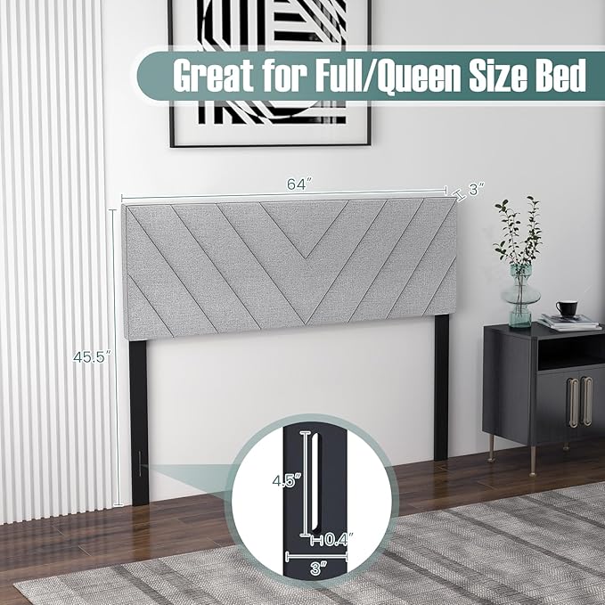 Giantex Linen Upholstered Headboard for Full & Queen Size Bed Frame, Adjustable Width Button Tufted Headboard Only with Solid Rubber Wood Legs, Modern Headboard,Grey