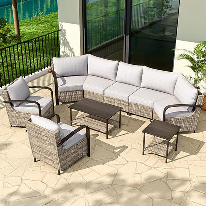 COOS BAY Aurora Terrace Half-Moon Outdoor Furniture Set, Rattan Conversation Set with Patio Chairs, Curved 5-Seat Sofa, Coffee Table & Side Table, Seats 7, Beige/Beige