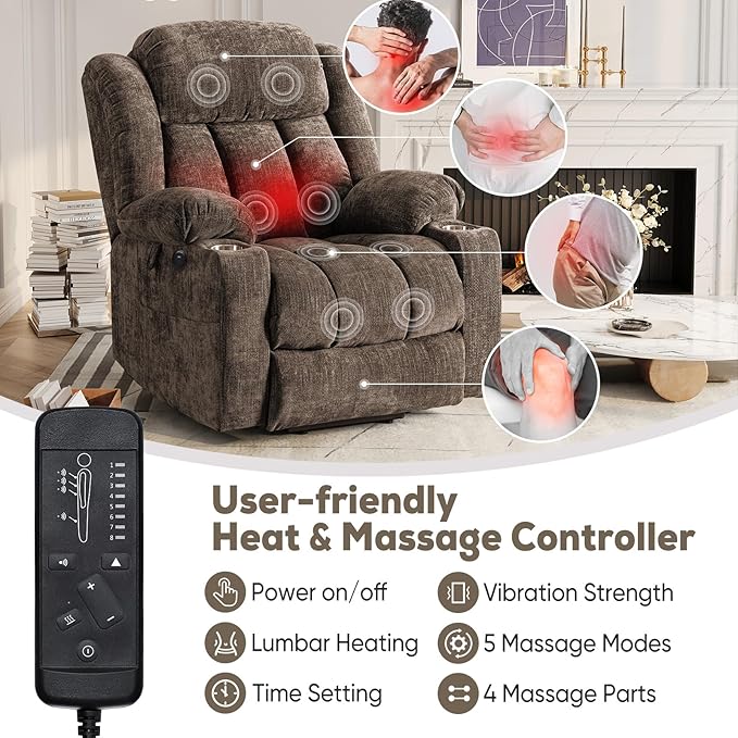 ABCASA Large Dual Motor Lay Flat Power Lift Recliners Chair for Elderly with Heat ＆ Massage, Comfortable Chenille Recliner, USB-A ＆ C, Cup Holder, Side Pocket, Brown