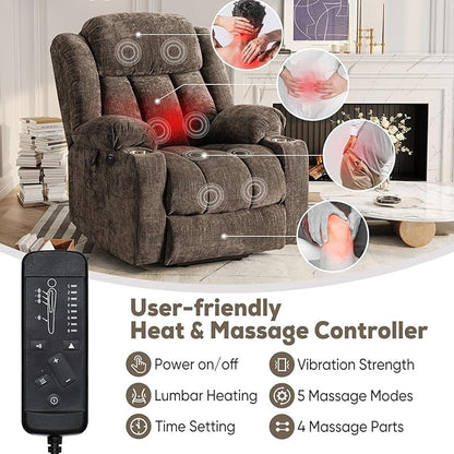 ABCASA Large Dual Motor Lay Flat Power Lift Recliners Chair for Elderly with Heat ＆ Massage, Comfortable Chenille Recliner, USB-A ＆ C, Cup Holder, Side Pocket, Brown