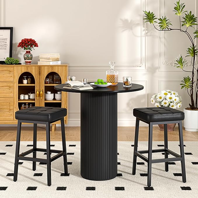 VECELO Modern Counter Height Bar Stools Set of 2, 24" PU Leather Upholstered Counter Stools with Metal Frame, Backless Square BarStools Bar Chairs for Kitchen Island, Black