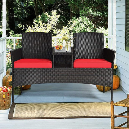 COSTWAY 2-Seat Patio Conversation Sets, Outdoor Patio Loveseat Set with Removable Cushions & Built-in Coffee Table for Backyard, Garden, Lawn, Balcony, Black+Red