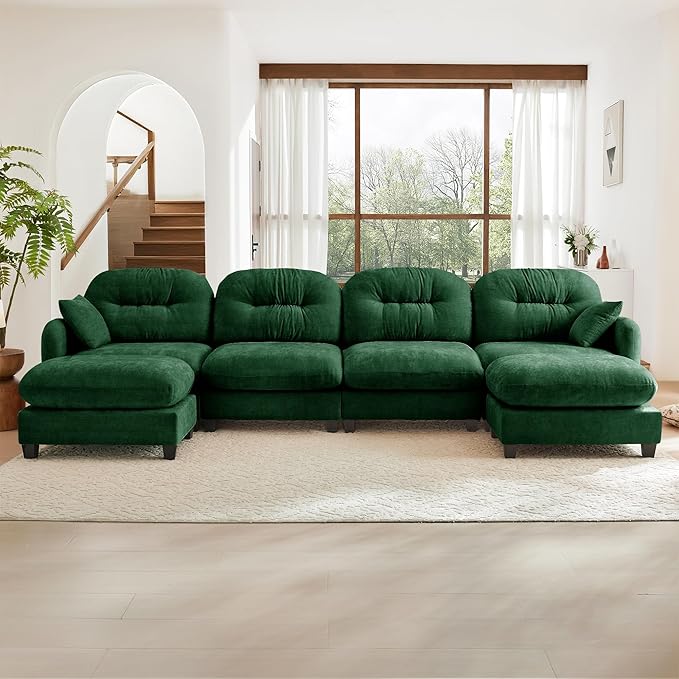 140" U Shaped Couch for Living Room, Comfy Chenille Fabric Cloud Sectional Couch, Modern Upholstered Deep Seat Sofa with Pillow and 2 Movable Ottoman, Oversized 4 Seater Sectional Sofa, Green