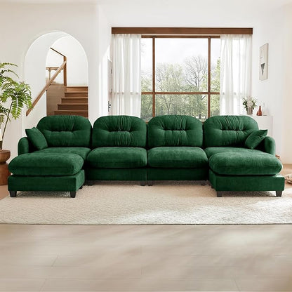 140" U Shaped Couch for Living Room, Comfy Chenille Fabric Cloud Sectional Couch, Modern Upholstered Deep Seat Sofa with Pillow and 2 Movable Ottoman, Oversized 4 Seater Sectional Sofa, Green