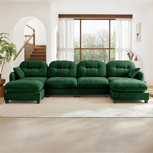 140" U Shaped Couch for Living Room, Comfy Chenille Fabric Cloud Sectional Couch, Modern Upholstered Deep Seat Sofa with Pillow and 2 Movable Ottoman, Oversized 4 Seater Sectional Sofa, Green