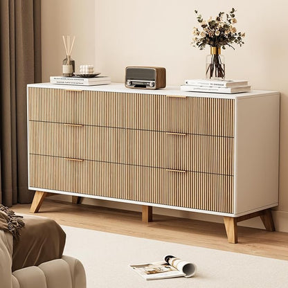 6 Drawer Dresser, 53.43 Inch Fluted Wood Double Dresser with Metal Handles Curved Design Wide Storage Organizer Cabinet Mid Century Modern Chest Dressers for Bedroom Living Room Entryway