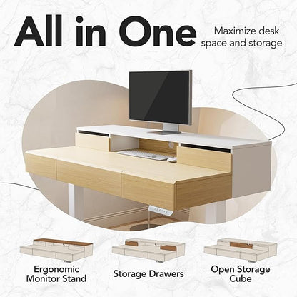 HUANUO Electric Standing Desk with Drawers, 48 Inches Height Adjustable Stand Up Desk with Monitor Shelf, Whole-Piece Board Computer Workstation with 4 Memory Height Settings, Light Walnut