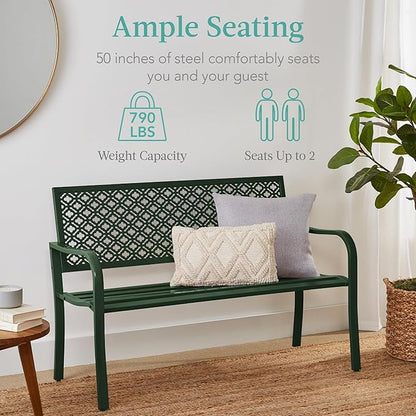 Best Choice Products Outdoor Bench 2-Person Metal Steel Benches Furniture for Garden, Patio, Porch, Entryway w/Geometric Backrest, 790lb Capacity - Dark Green