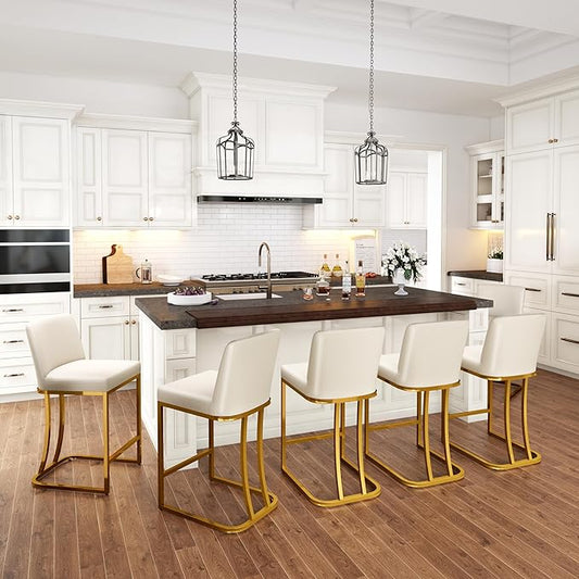 PHI VILLA White and Gold Bar Stools Set of 6, Faux Leather Counter Height Chairs, Kitchen Stools for Island, 24 Inch Barstools with Back