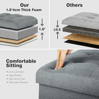 Ottoman with Storage, 61L Slim Tall Linen Footstool Bench with Thicker Foam Padded Seat. Ottoman Foot Rest for Living Room, Bedroom, Coffee Table. 350lbs Load Capacity, 17x13x17in, Light Gray