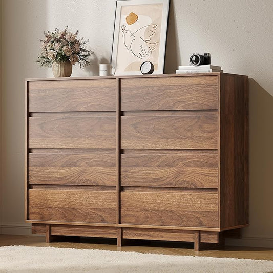 Walnut Dresser for Bedroom, 53.1" Wide 8 Drawer Dresser, Mid Century Modern Dressers Chest of Drawers, Wooden Large Dressers for Bedroom, Closet