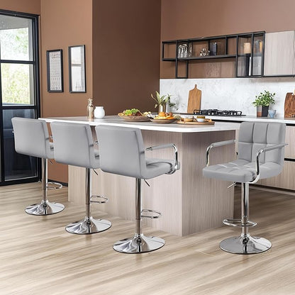 Yaheetech Bart Stools Set of 4, PU Leather Adjustable Barstools with Armrest, Counter Height Stool Chairs with Thickened Seat Cushion for Kitchen Island, Light Grey