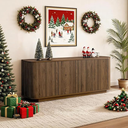 LKTART 64" Sideboard Buffet Cabinet with Storage, Wooden Fluted Storage Cabinet Sideboard Credenza with Adjustable Shelves Pressed Spring for Kitchen Living Room (Walnut)