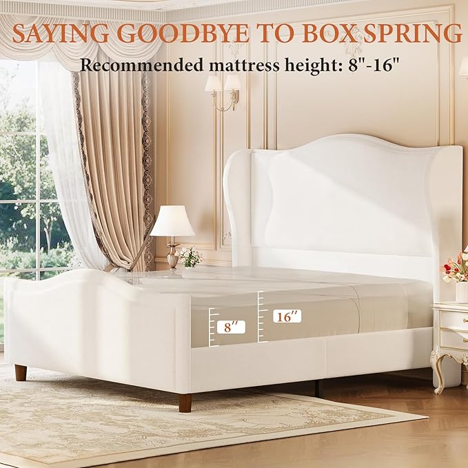 koorlian Queen Size Bed Frame Chenille Upholstered Platform Bed with 51" Tall Headboard and High Deep Tufted Footboard, Modern Retro Minimalist Style Wingback Sleigh Bed, Easy Assembly, Cream