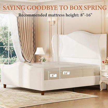 koorlian Queen Size Bed Frame Chenille Upholstered Platform Bed with 51" Tall Headboard and High Deep Tufted Footboard, Modern Retro Minimalist Style Wingback Sleigh Bed, Easy Assembly, Cream