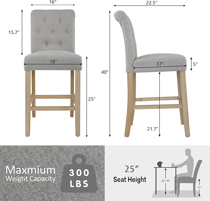 GOTMINSI 24" Bar Stools Set of 4 for Kitchen Island Upholstered Counter Height Bar Stools with Button Tufted Decoration Barstools Home Kitchen Island Wooden Bar Chairs Grey