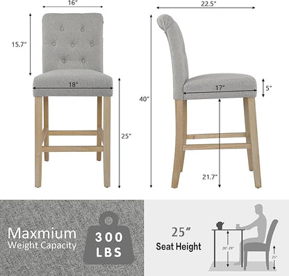 GOTMINSI 24" Bar Stools Set of 4 for Kitchen Island Upholstered Counter Height Bar Stools with Button Tufted Decoration Barstools Home Kitchen Island Wooden Bar Chairs Grey
