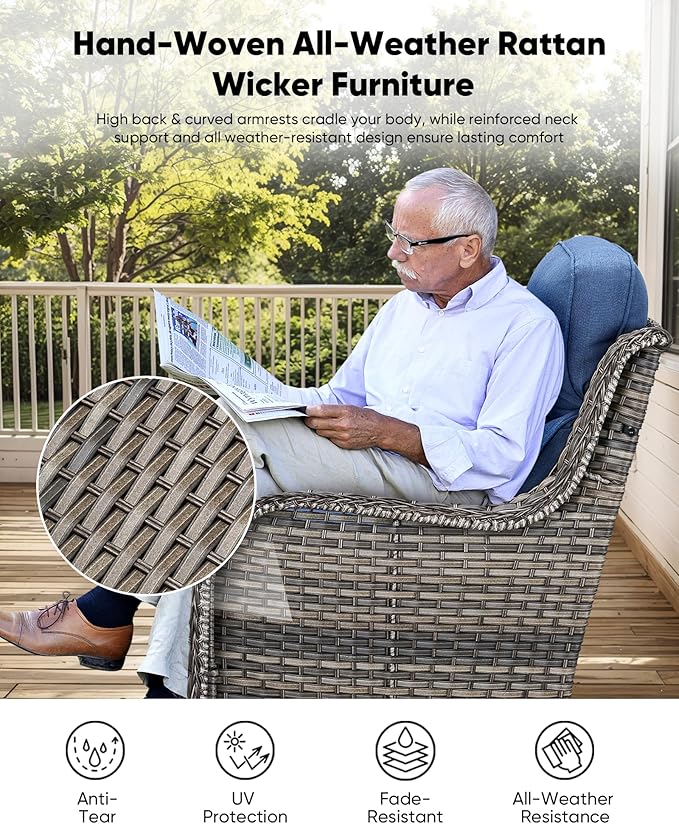 7-Piece Outdoor Wicker Patio Furniture Set with Swivel Glider Chairs,Loveseat, Coffee Table & Ottomans 5” Olefin Cushions Ergonomic Neck-Lumbar Backrest All-Weather Rattan for Garden, Deck, Porch
