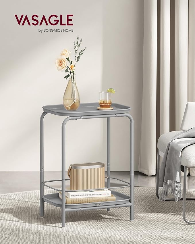 VASAGLE 2-Tier Outdoor Table, Small Side End Table with Tray Storage, Bedside Nightstand for Living Room, Bedroom, Modern Style, Dove Gray ULET243G01