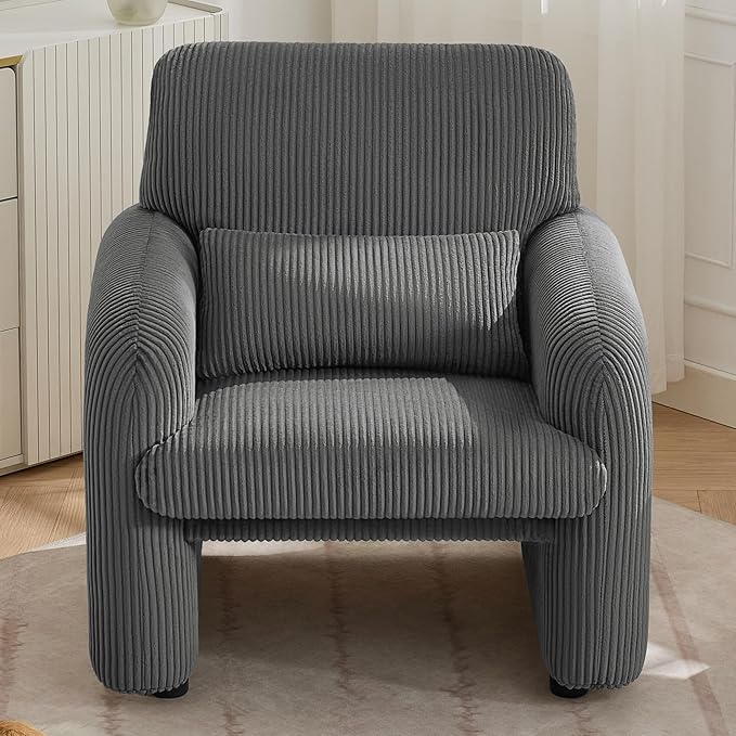 Corduroy Fabric Accent Chair, Modern Upholstered Living Room Chairs with Lumbar Pillow, Wide Comfy Leisure Armchair for Bedroom, Office, Reading, Grey