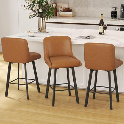 Swivel Counter Height Bar Stools Set of 6, 26''H Upholstered Barstools with Backs, Modern Bar Stool Chairs for Kitchen Island, Metal Legs, Faux Leather, Whiskey Brown Stools Counter Chair