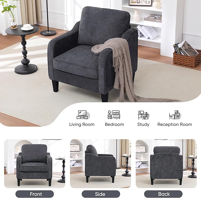 Accent Chair for Living Room, Mid Century Modern Reading Chair for Bedroom, Upholstered Armchair with Side Pockets, Comfy Single Sofa Side Chair for Office, Apartment, Small Room, Dark Grey