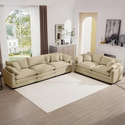 mikibama Luxury 2 Piece Sofa Set, 3-Seater & Loveseat Couch Set, Modern Corduroy Comfy Cloud Couches Set for Living Room Office with 4 Armrest Pillows and 5 Toss Pillows, Camel