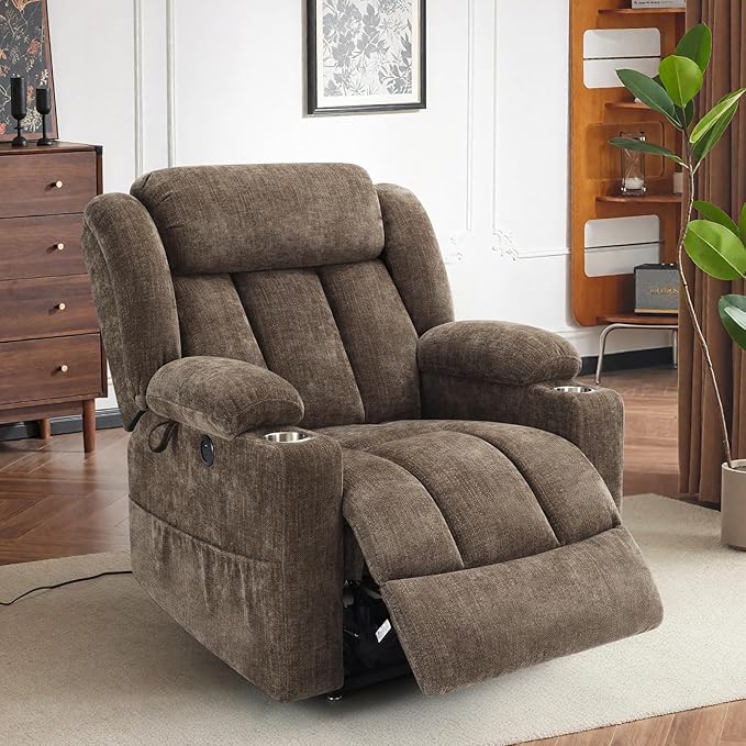 Dual Motor Lift Recliner Chair - Durable Heavy Duty Steel Mechanism Chenille Fabric High-Density Sponge, USB & Type-C Port Brown Standing Assistance Reclining Chair