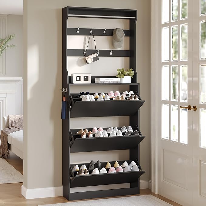 Tall Shoe Cabinet with Coat Rack, Hidden Shoe Storage Cabinet with Doors & Drawer, Hanging Bar & Hooks, Slim Narrow Freestanding Shoe Rack Organizer for Entryway, Hallway & Living Room, Black
