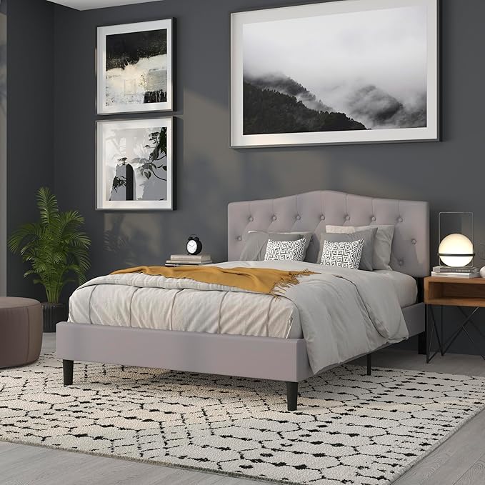 BizChair Arched Button Tufted Queen Size Headboard in Light Gray Fabric