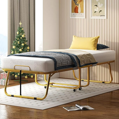 Mjkone Folding Bed with 4" Memory Foam Mattress for Guests – Single Rollaway Bed, Space-Saving Portable Design, Lockable Wheels & Easy Assembly, 75" x 46" Foldable Guest Bed Frame (Gold)