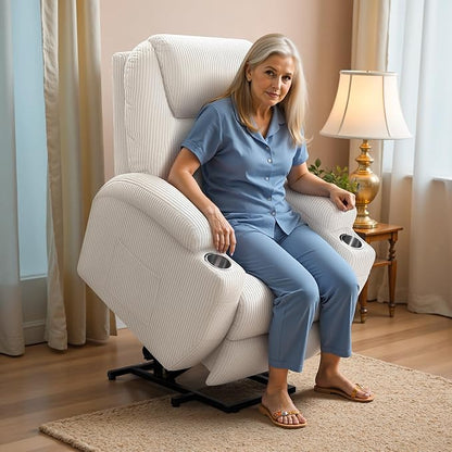 Flamaker Power Lift Recliner Chair Electric Lift Recliner for Elderly Power Lift Recliner Chair with Cup Holders Side Pockets for Living Room (Corduroy, Beige)