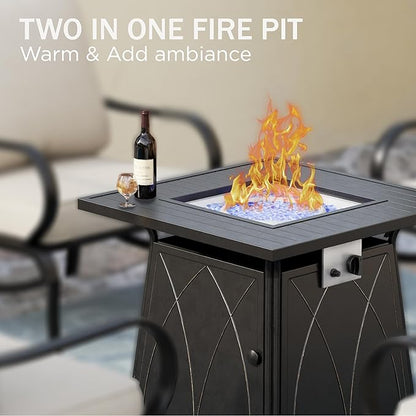 PHI VILLA 5 Piece Patio Furniture Set with 28" Firepit Table, 4 Outdoor 5.75" Cushioned Metal Frame Swivel Sofa Chairs & 28" Gas Firepit Table, Outside Furniture Set for Lawn Garden(Grey)