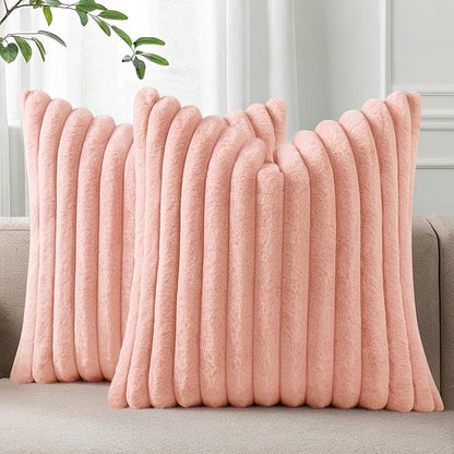 Pallene Faux Fur Plush Throw Pillow Covers 24x24 Set of 2, Luxury Soft Fluffy Striped Decorative Pillow Covers for Sofa, Couch, Living Room, Pink