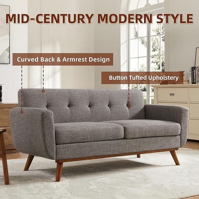 Tbfit Loveseat Sofa, 65" W Mid Century Modern Love Seat Small Loveseat for Bedroom, Button Tufted Upholstered Small Couch Sofa for Living Room, Grey