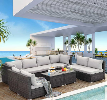 NICESOUL 10 Piece Outdoor Furniture Set, Extra Large Patio Modular Sectional Sofa with Side Tables, 29.3'' High Back Comfy Rattan Conversation for Backyard Garden Deck, Deep Wide Seated Couch, Grey