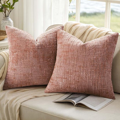 decorUhome Pink Chenille Throw Pillow Covers 18x18 Set of 2 Thick Textured Slubby Couch Pillow Covers Farmhouse Accent Modern Neutral Decorative Pillow Cases for Bed Sofa Living Room