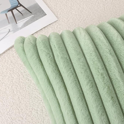 Pallene Faux Fur Plush Lumbar Throw Pillow Covers 12x20 Set of 2, Luxury Soft Fluffy Striped Decorative Pillow Covers for Sofa, Couch, Living Room, Sage Green