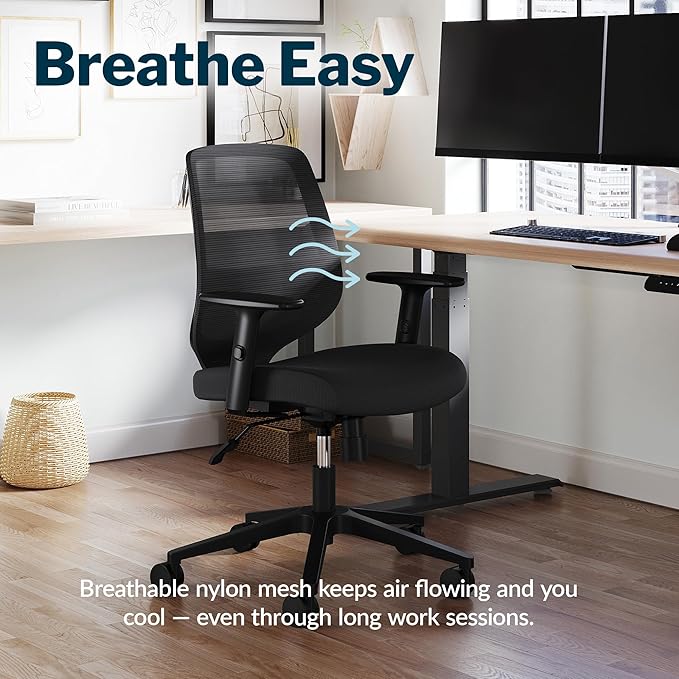 Vari Foundation Chair - Ergonomic Home Office Desk Chair + Adjustable Height, Tilt, and Armrests, Breathable Mesh, Lumbar Support - Swivel Rolling Task Chair for Office or Study (Black)